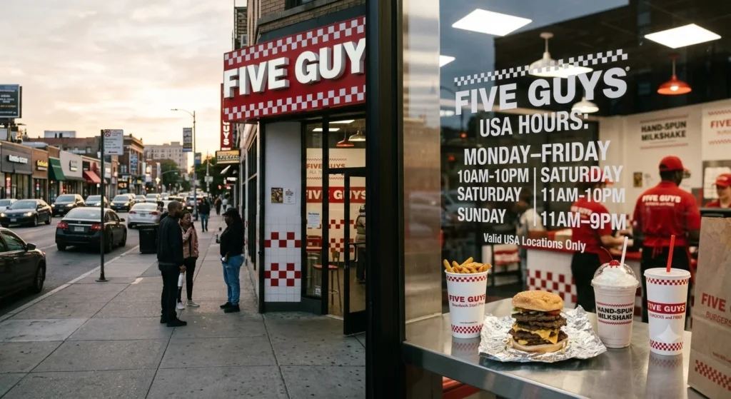 Five Guys opening hours displayed on the front door