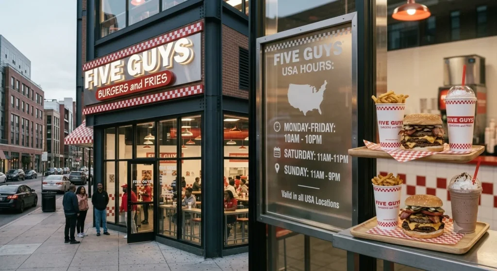 Five Guys restaurant entrance showing business hours.
