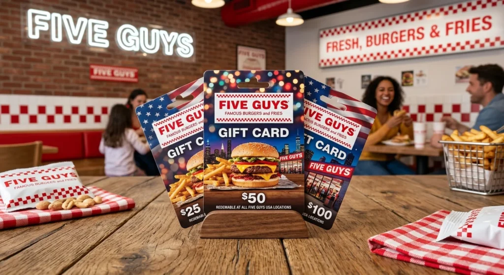 A Five Guys Gift Card placed beside a Cheeseburger, Cajun Fries, and a Milkshake.