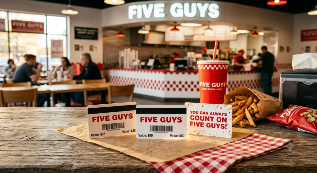 A customer handing a Five Guys Gift Card to a friend with a wrapped burger meal on the table.