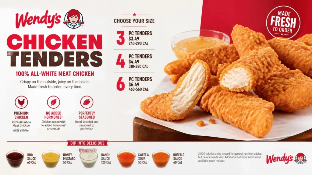 Crispy Wendys Chicken Tenders meal featuring updated price, nutrition facts, protein, and calories