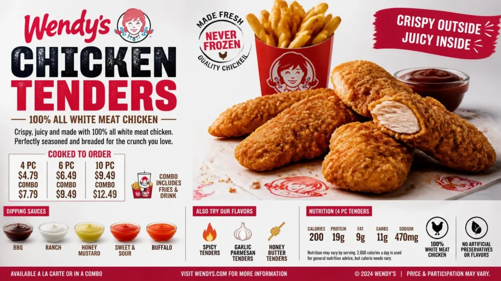Golden Wendys Chicken Tenders served with fries and dipping sauce, including price and nutrition information