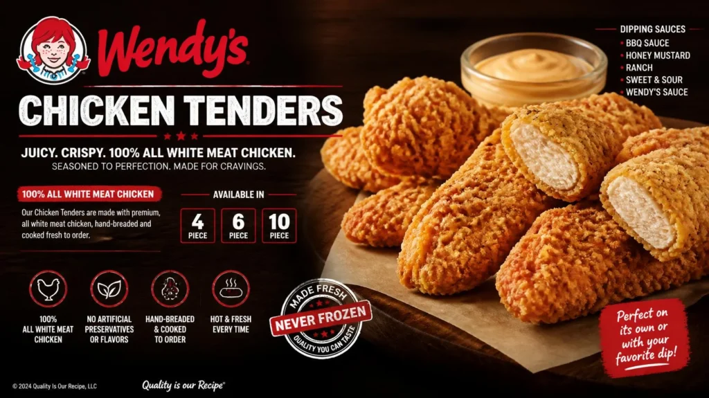 Wendys Chicken Tenders 2026 guide showing crispy chicken strips, meal options, calories, and nutrition