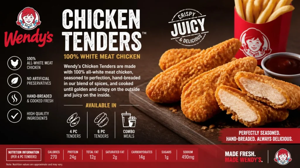 Wendys Chicken Tenders with dipping sauces, prices, calories, protein, and nutrition guide for 2026