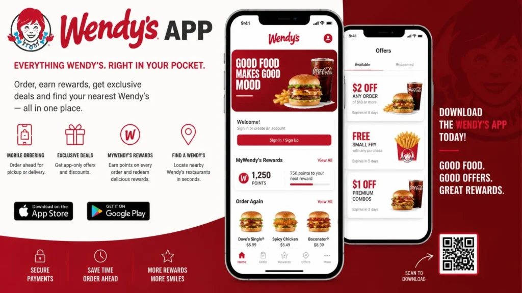 Wendys mobile app with rewards points, exclusive offers, online ordering, and account login
